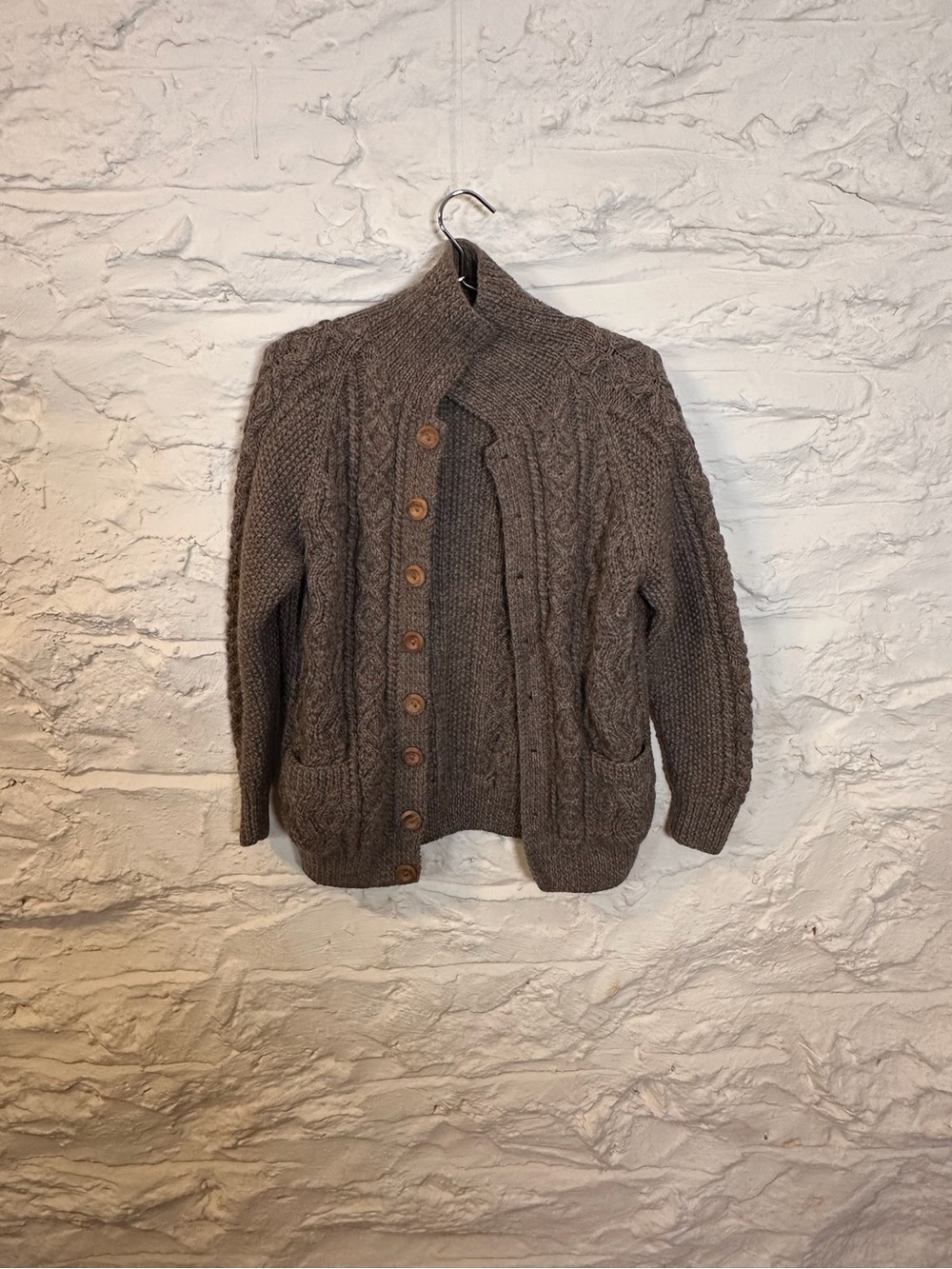 Men's Chunky Cable Knit Cardigan Sweater in Taupe